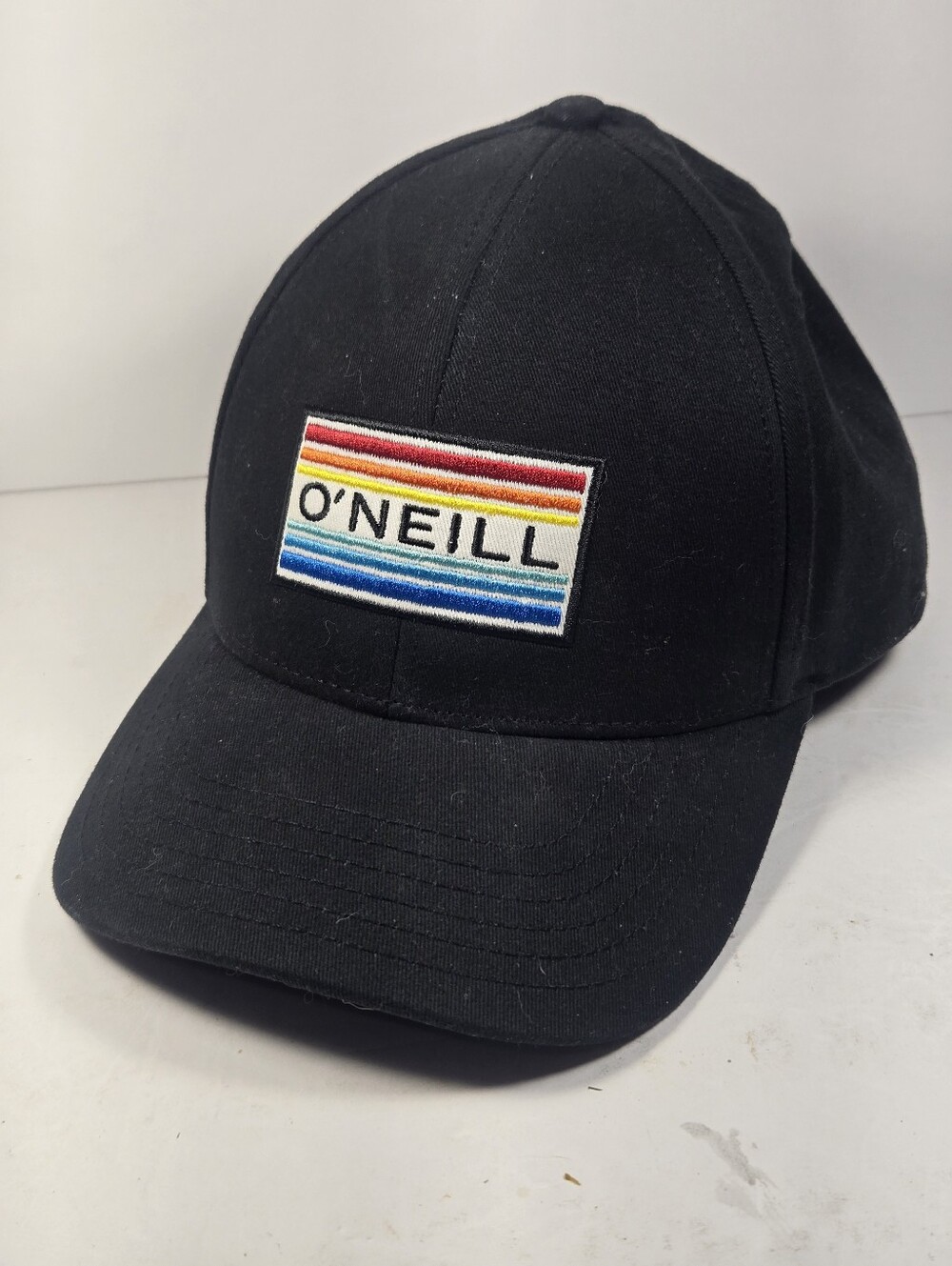 O'Neill Horizons Black Fitted Cap with Retro Rainbow Stripe Patch Mens Size L/XL
